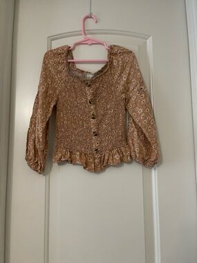 🎀Girls' Rust Floral Smocked Button-Front Top